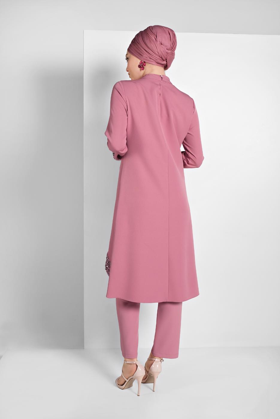 Tesettür giyim PUDRA PUL PAYET DETAYLI İKİLİ PANTOLONLU TAKIM 9255