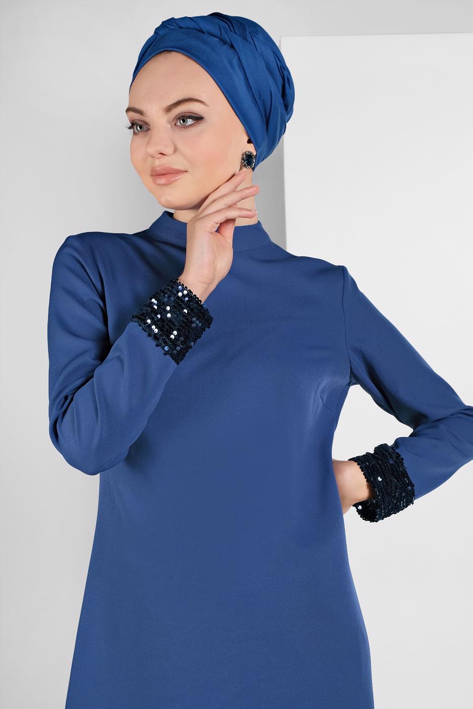 Tesettür giyim LACİVERT PUL PAYET DETAYLI İKİLİ PANTOLONLU TAKIM 9255