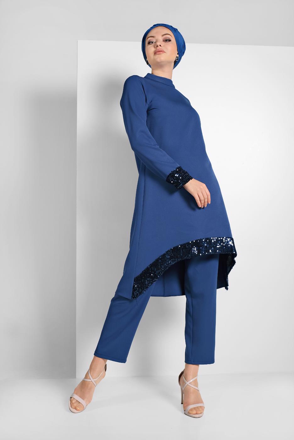 Tesettür giyim LACİVERT PUL PAYET DETAYLI İKİLİ PANTOLONLU TAKIM 9255