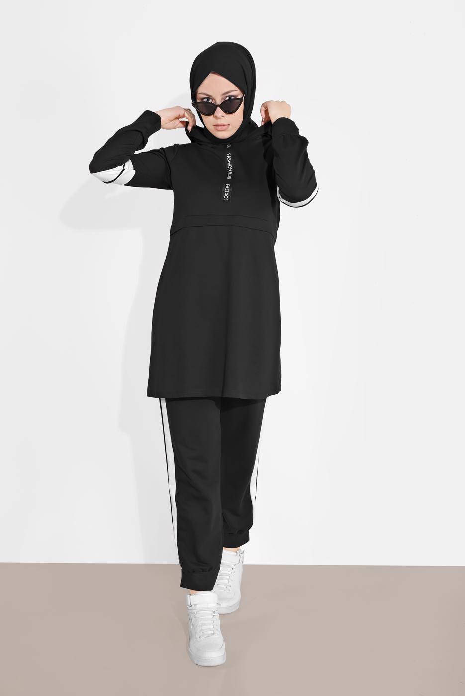 Tesettür giyim SİYAH ŞERİT DETAYLI İKİLİ PANTOLONLU TAKIM 9306