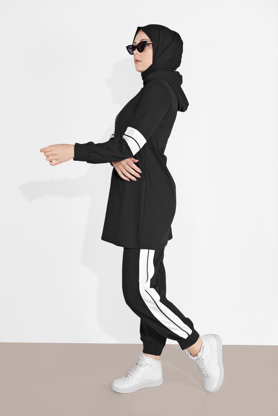 Tesettür giyim SİYAH ŞERİT DETAYLI İKİLİ PANTOLONLU TAKIM 9306