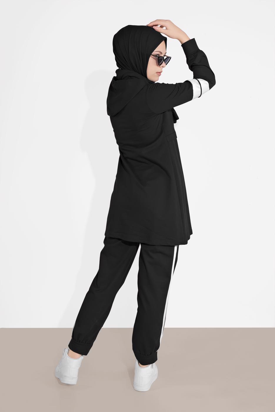 Tesettür giyim SİYAH ŞERİT DETAYLI İKİLİ PANTOLONLU TAKIM 9306