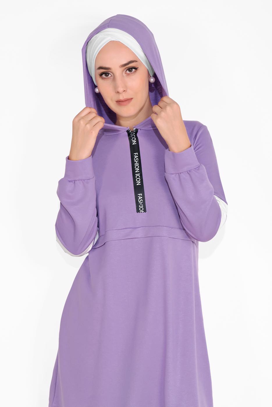 Tesettür giyim MOR ŞERİT DETAYLI İKİLİ PANTOLONLU TAKIM 9306