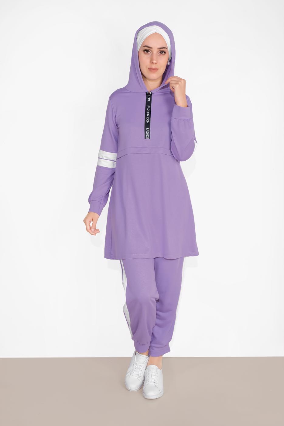 Tesettür giyim MOR ŞERİT DETAYLI İKİLİ PANTOLONLU TAKIM 9306