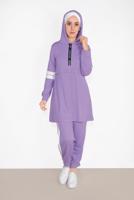 Tesettür giyim MOR ŞERİT DETAYLI İKİLİ PANTOLONLU TAKIM 9306
