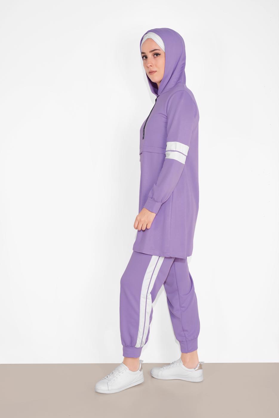 Tesettür giyim MOR ŞERİT DETAYLI İKİLİ PANTOLONLU TAKIM 9306