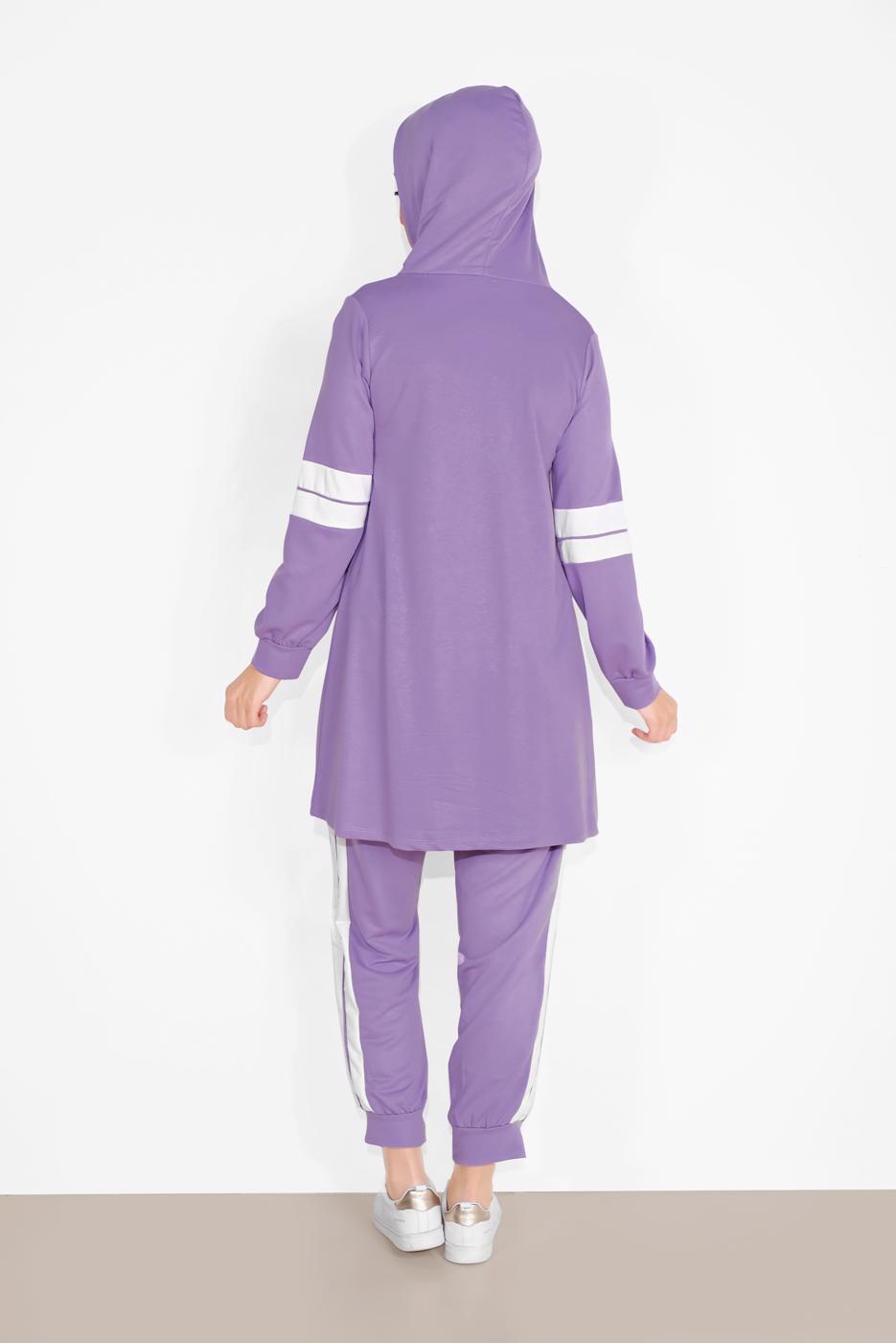 Tesettür giyim MOR ŞERİT DETAYLI İKİLİ PANTOLONLU TAKIM 9306