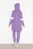 Tesettür giyim MOR ŞERİT DETAYLI İKİLİ PANTOLONLU TAKIM 9306
