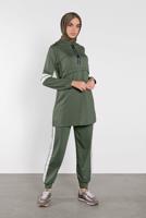 Tesettür giyim HAKİ ŞERİT DETAYLI İKİLİ PANTOLONLU TAKIM 9306