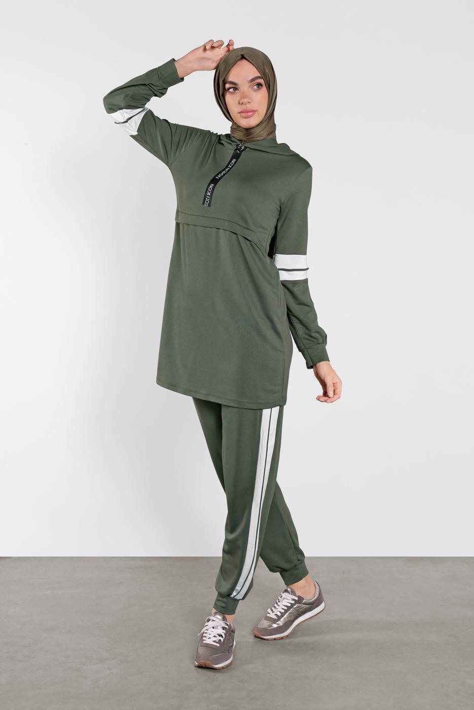 Tesettür giyim HAKİ ŞERİT DETAYLI İKİLİ PANTOLONLU TAKIM 9306