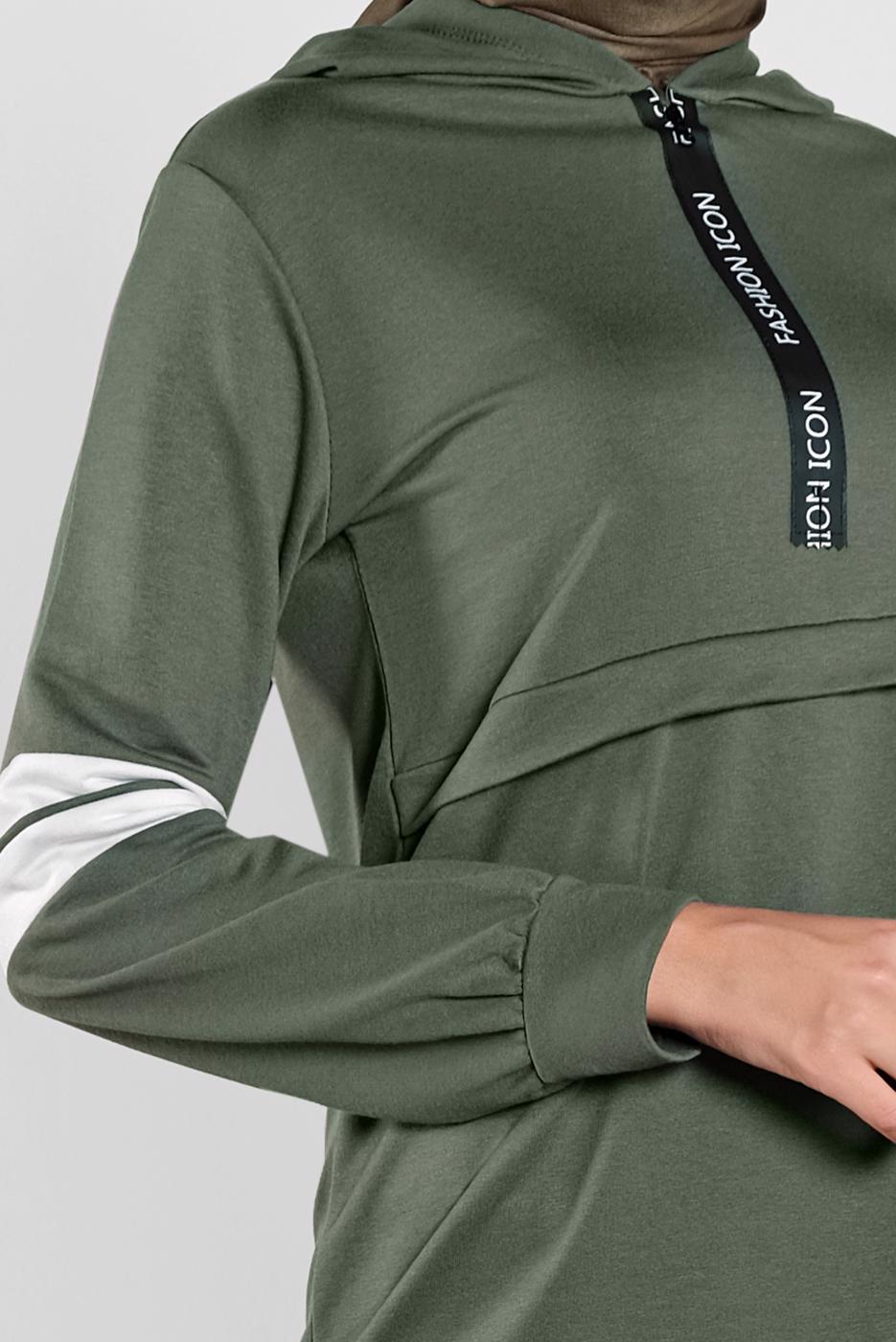 Tesettür giyim HAKİ ŞERİT DETAYLI İKİLİ PANTOLONLU TAKIM 9306