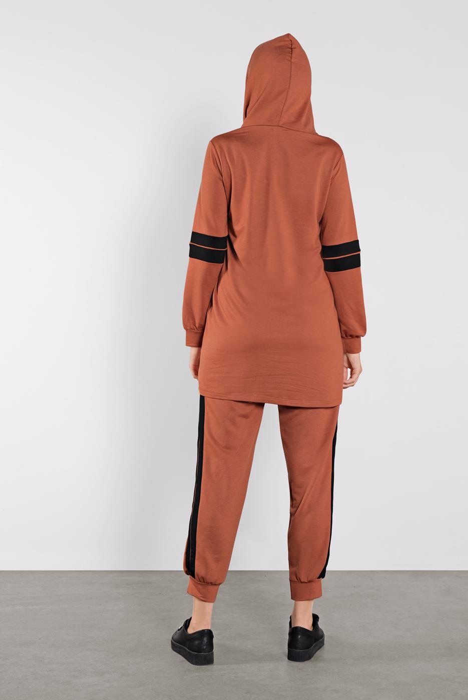 Tesettür giyim TABA ŞERİT DETAYLI İKİLİ PANTOLONLU TAKIM 9306