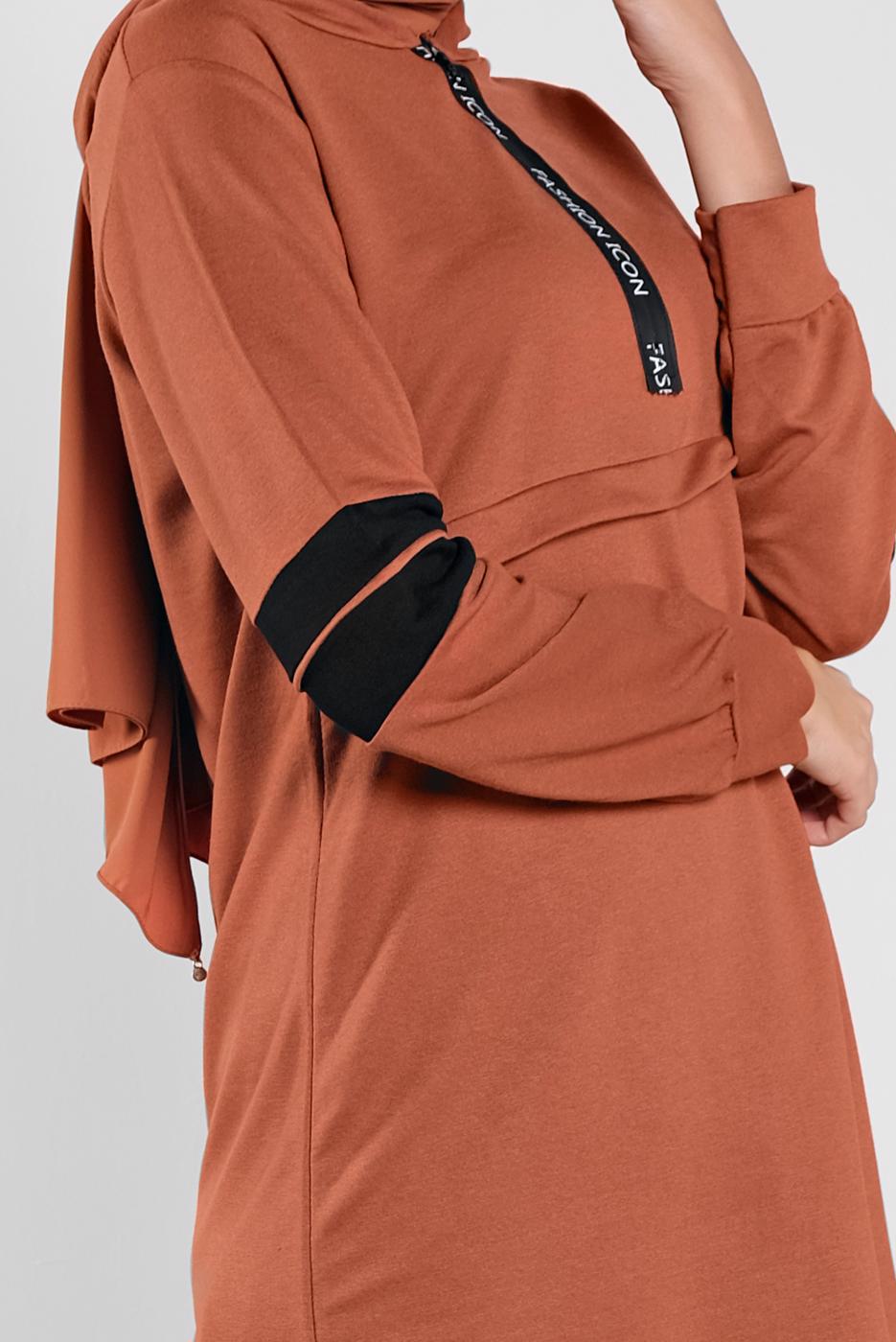 Tesettür giyim TABA ŞERİT DETAYLI İKİLİ PANTOLONLU TAKIM 9306