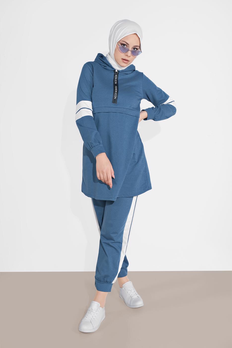 Tesettür giyim LACİVERT ŞERİT DETAYLI İKİLİ PANTOLONLU TAKIM 9306