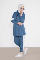 Tesettür giyim LACİVERT ŞERİT DETAYLI İKİLİ PANTOLONLU TAKIM 9306