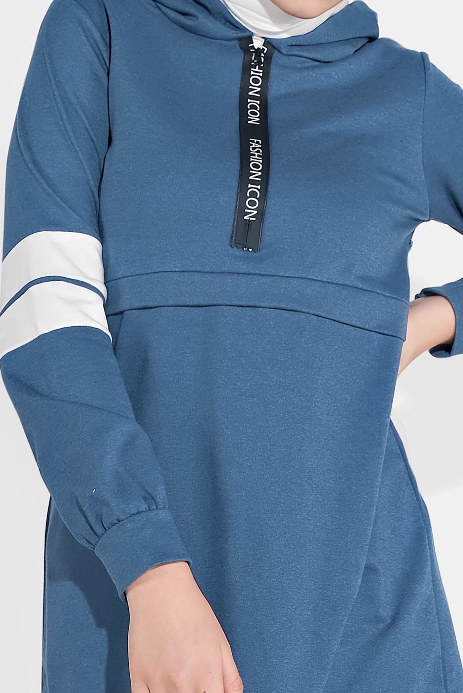 Tesettür giyim LACİVERT ŞERİT DETAYLI İKİLİ PANTOLONLU TAKIM 9306