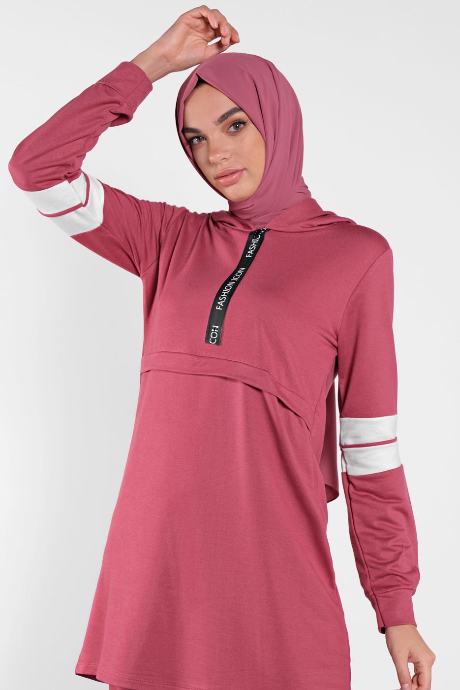 Tesettür giyim PEMBE ŞERİT DETAYLI İKİLİ PANTOLONLU TAKIM 9306