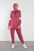 Tesettür giyim PEMBE ŞERİT DETAYLI İKİLİ PANTOLONLU TAKIM 9306