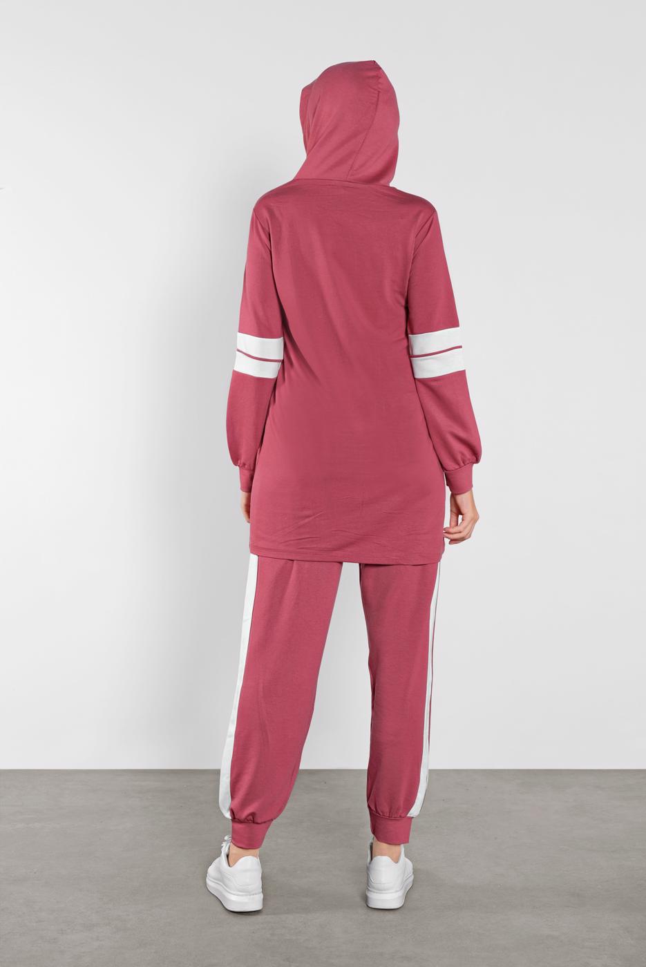 Tesettür giyim PEMBE ŞERİT DETAYLI İKİLİ PANTOLONLU TAKIM 9306