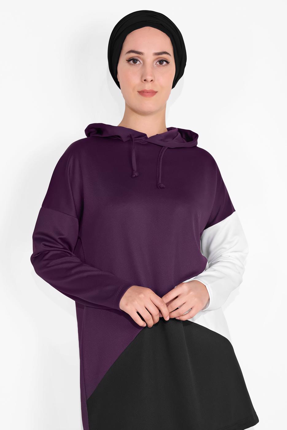 Tesettür giyim MOR KAPÜŞONLU BÜZGÜLÜ SPOR PANTOLONLU TAKIM  9416 