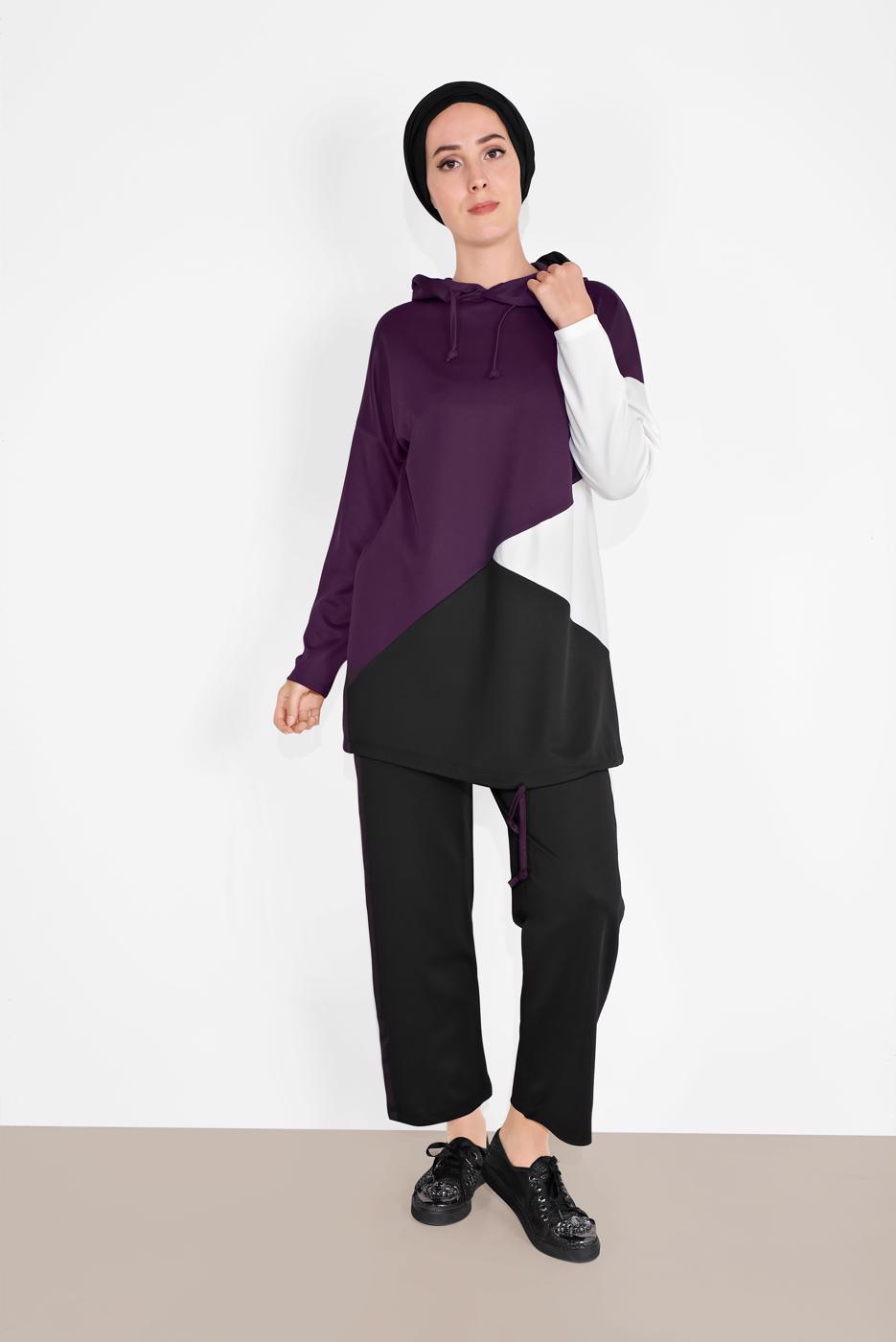 Tesettür giyim MOR KAPÜŞONLU BÜZGÜLÜ SPOR PANTOLONLU TAKIM  9416 