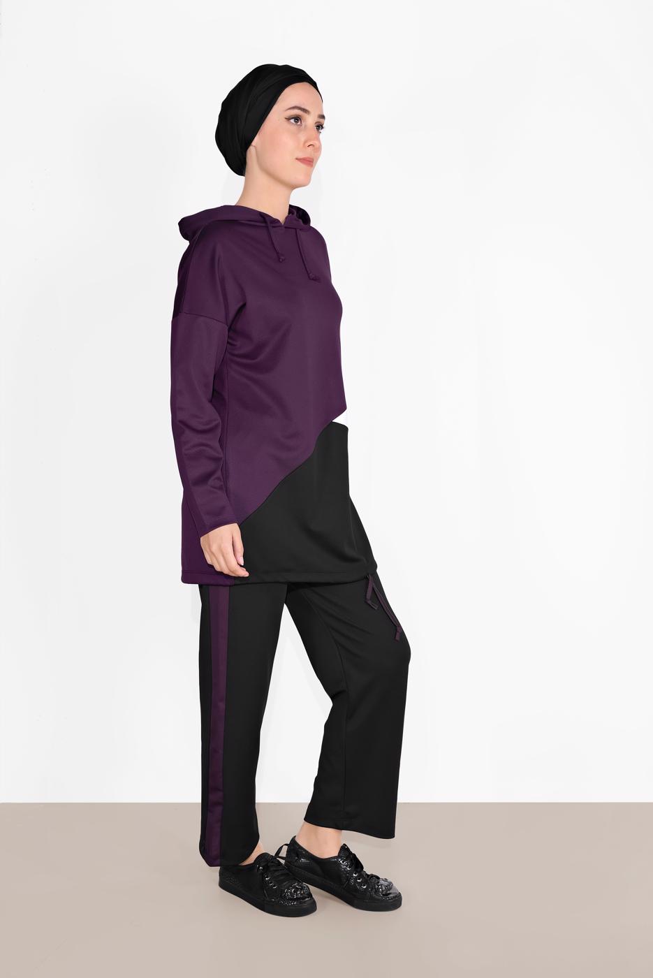 Tesettür giyim MOR KAPÜŞONLU BÜZGÜLÜ SPOR PANTOLONLU TAKIM  9416 