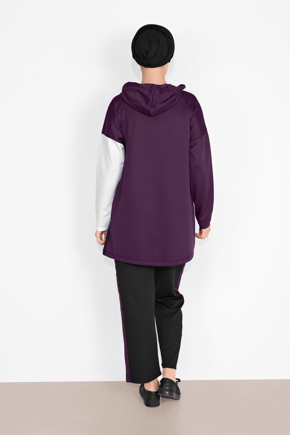 Tesettür giyim MOR KAPÜŞONLU BÜZGÜLÜ SPOR PANTOLONLU TAKIM  9416 