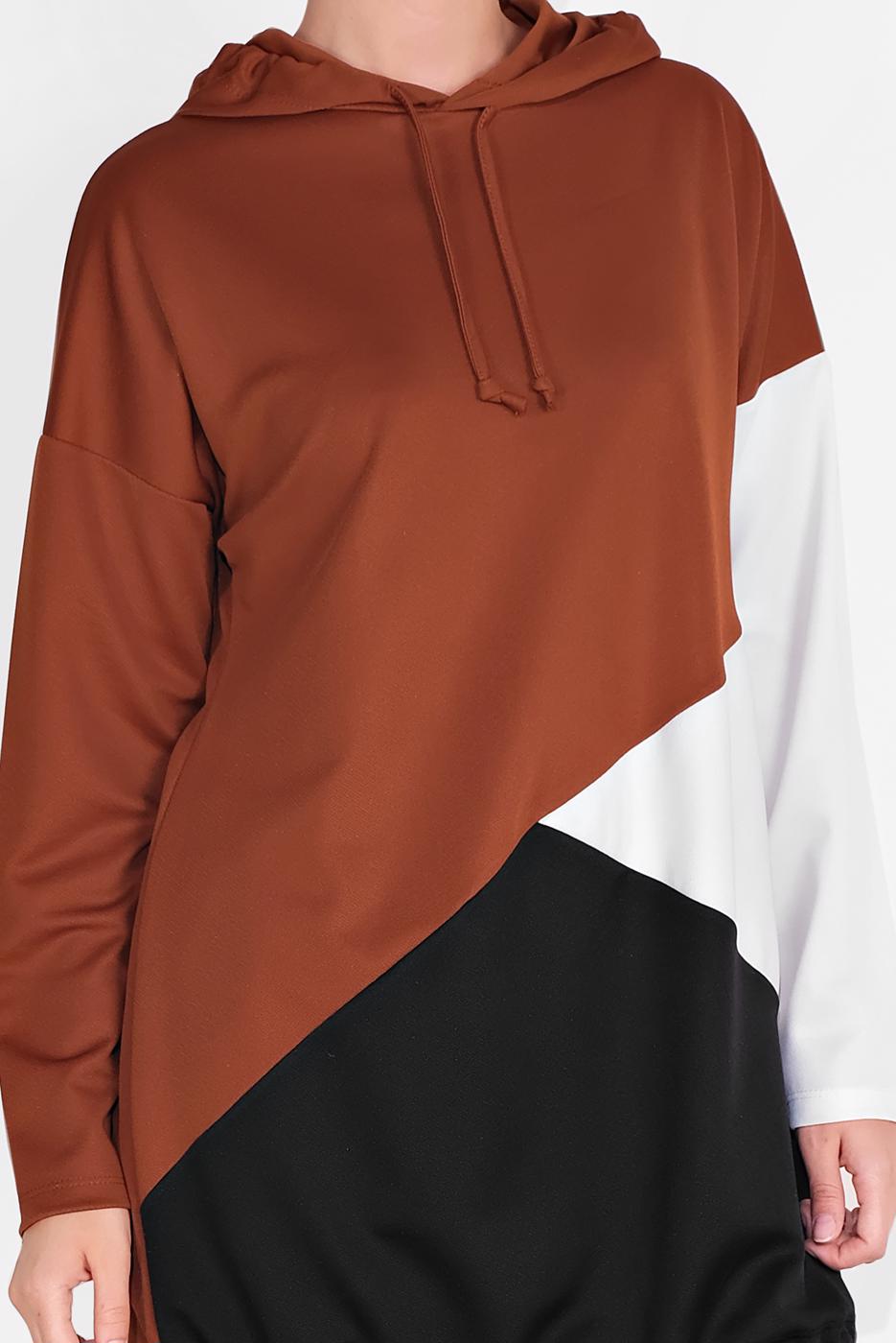 Tesettür giyim TABA KAPÜŞONLU BÜZGÜLÜ SPOR PANTOLONLU TAKIM  9416 