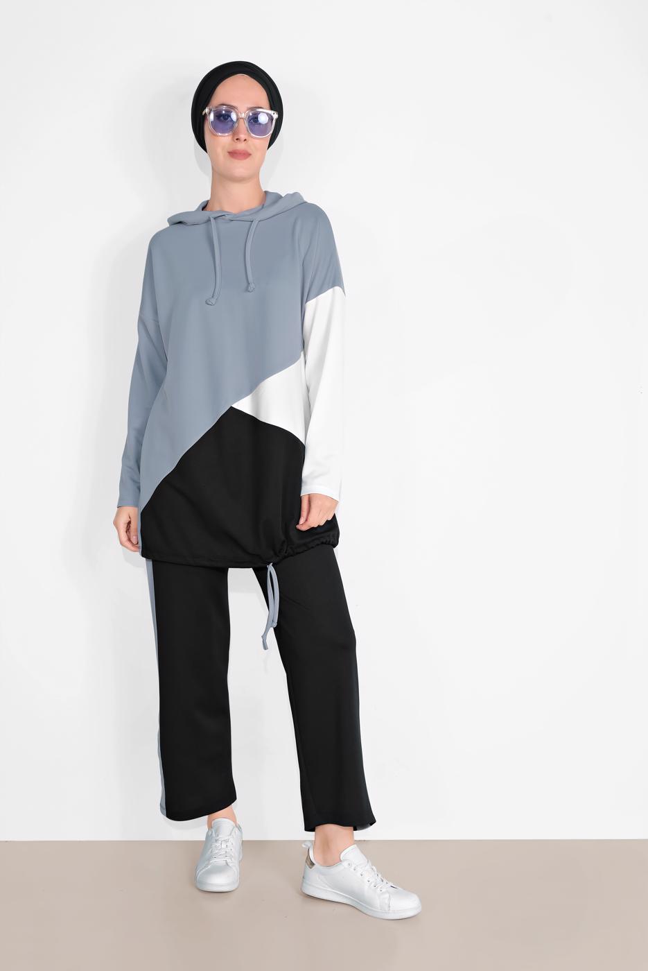 Tesettür giyim GRİ KAPÜŞONLU BÜZGÜLÜ SPOR PANTOLONLU TAKIM  9416 