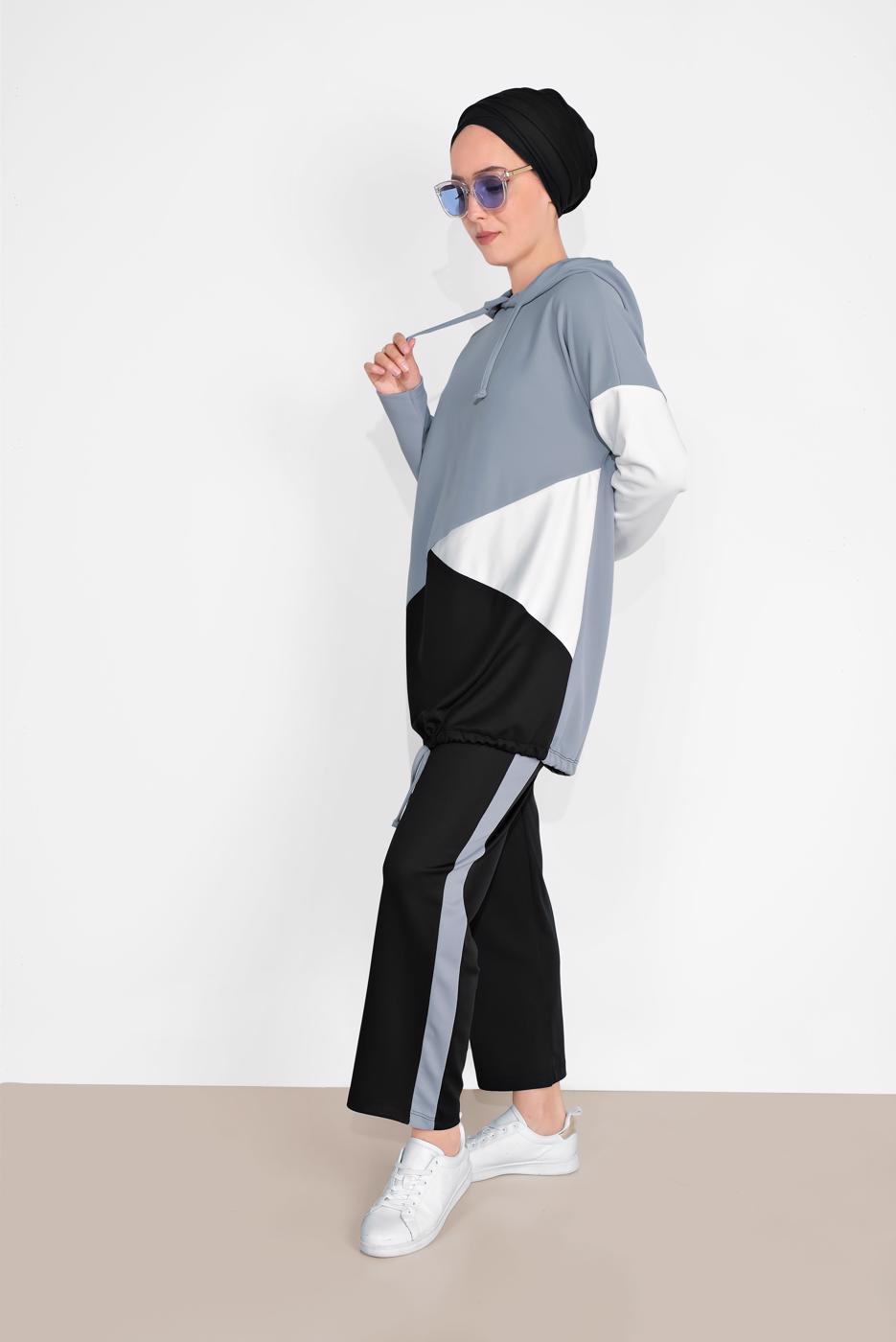 Tesettür giyim GRİ KAPÜŞONLU BÜZGÜLÜ SPOR PANTOLONLU TAKIM  9416 
