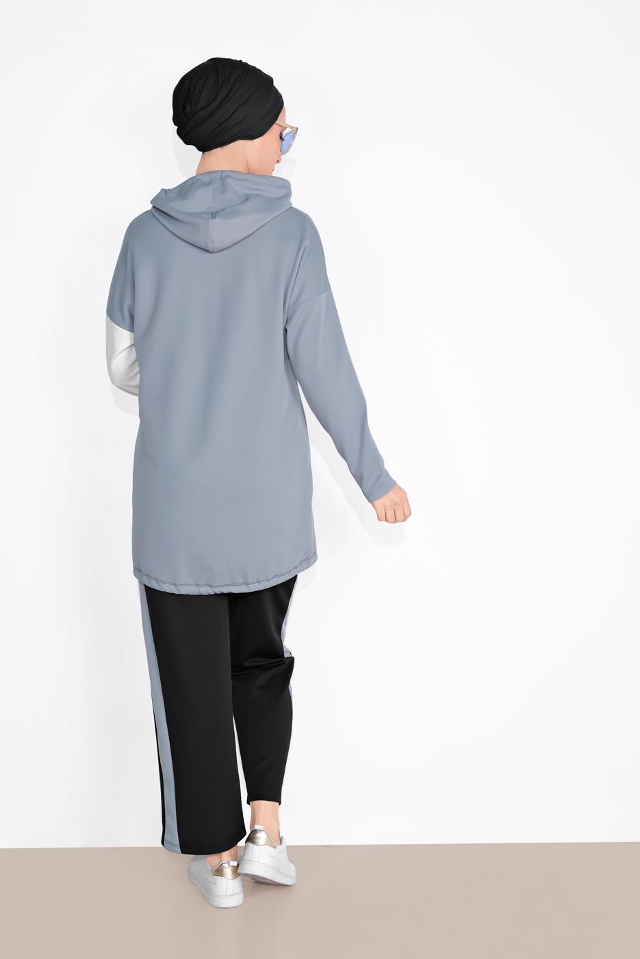 Tesettür giyim GRİ KAPÜŞONLU BÜZGÜLÜ SPOR PANTOLONLU TAKIM  9416 