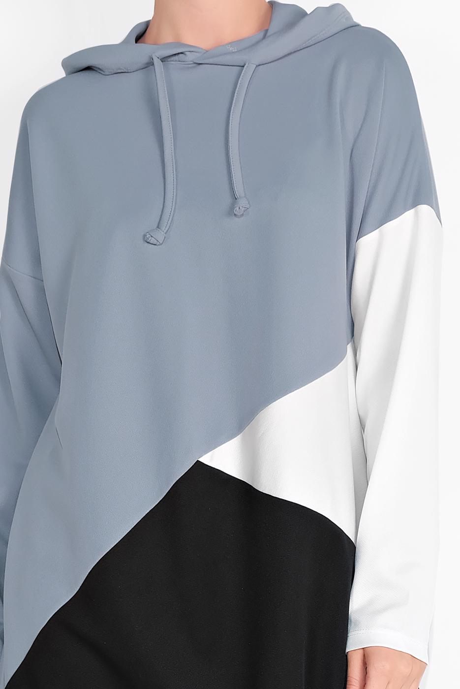 Tesettür giyim GRİ KAPÜŞONLU BÜZGÜLÜ SPOR PANTOLONLU TAKIM  9416 