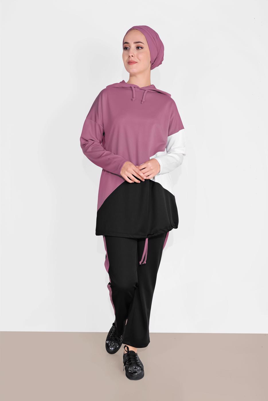 Tesettür giyim PEMBE KAPÜŞONLU BÜZGÜLÜ SPOR PANTOLONLU TAKIM  9416 