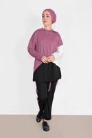 Tesettür giyim PEMBE KAPÜŞONLU BÜZGÜLÜ SPOR PANTOLONLU TAKIM  9416 