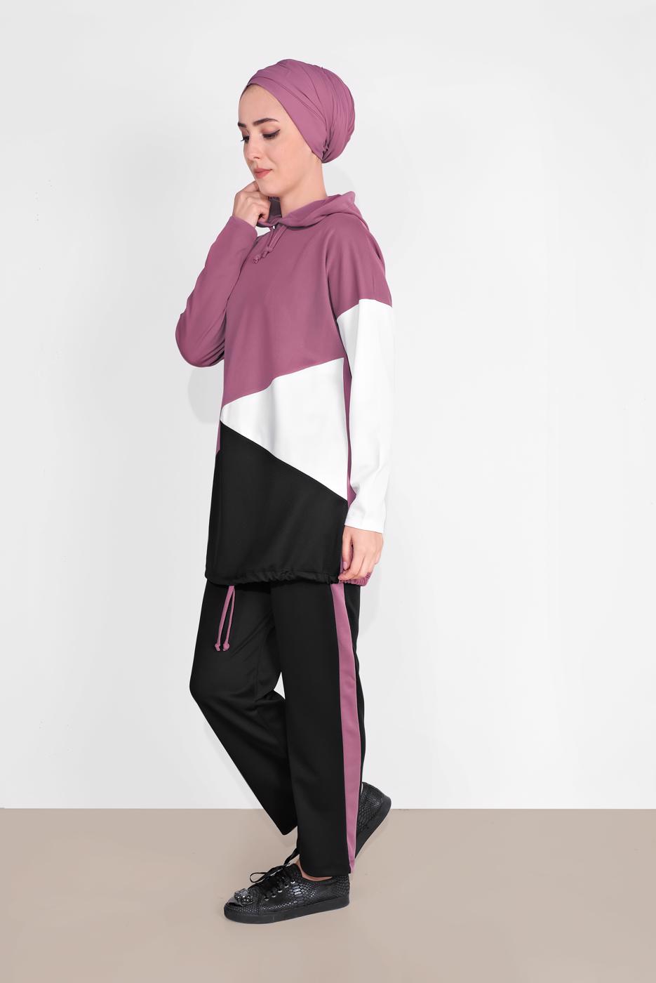 Tesettür giyim PEMBE KAPÜŞONLU BÜZGÜLÜ SPOR PANTOLONLU TAKIM  9416 