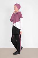 Tesettür giyim PEMBE KAPÜŞONLU BÜZGÜLÜ SPOR PANTOLONLU TAKIM  9416 