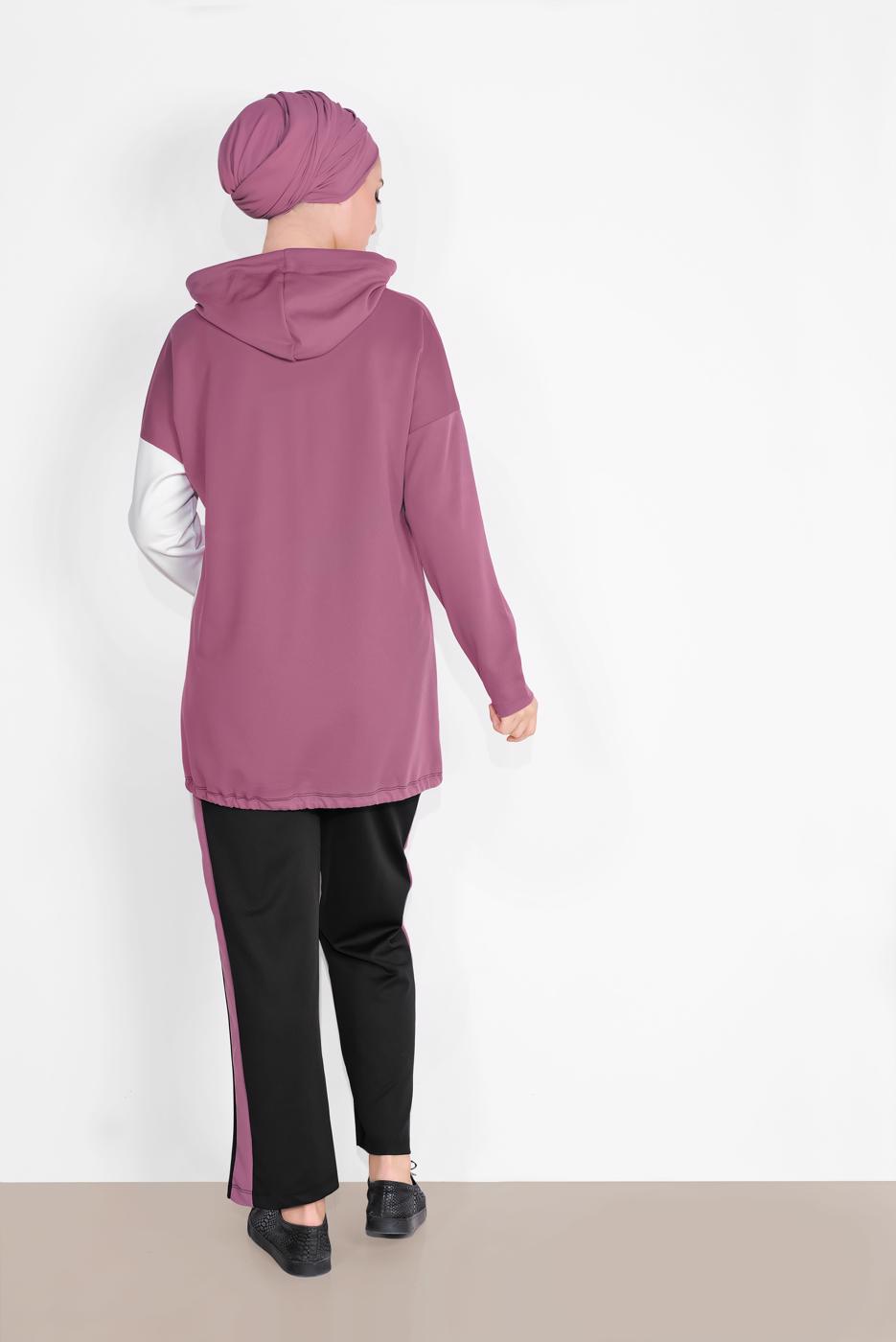 Tesettür giyim PEMBE KAPÜŞONLU BÜZGÜLÜ SPOR PANTOLONLU TAKIM  9416 