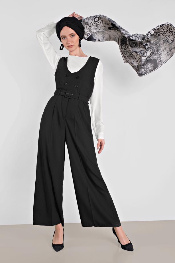 Vêtements hijab NOIR COMBINAISON À DEUX RANGES DE BOUTONS  4479 - TRENDTESETTÜR