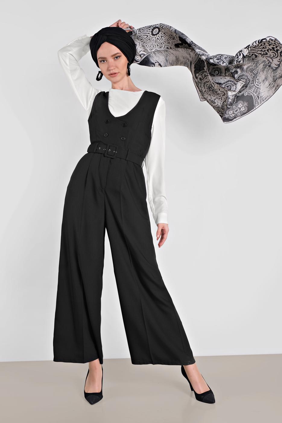 Vêtements hijab NOIR COMBINAISON À DEUX RANGES DE BOUTONS  4479