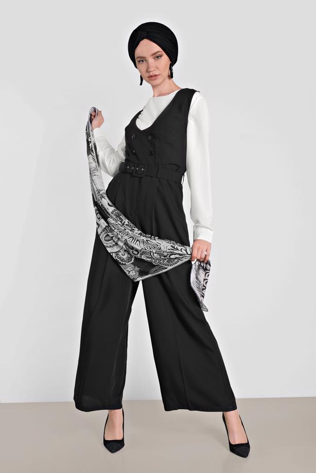 Vêtements hijab NOIR COMBINAISON À DEUX RANGES DE BOUTONS  4479 - TRENDTESETTÜR