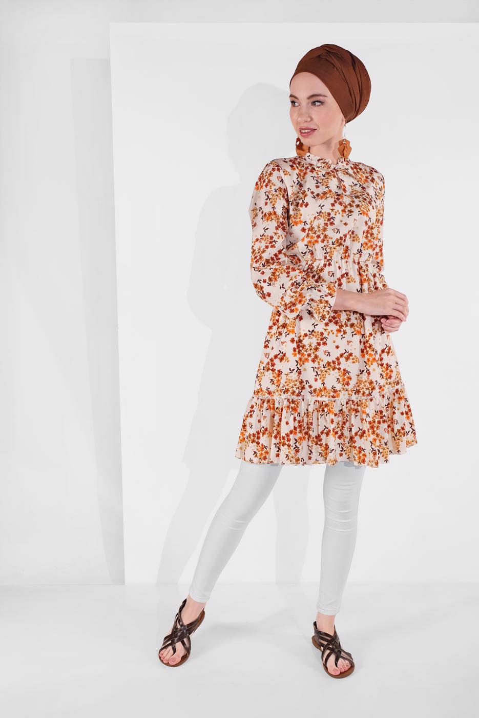 Hijab clothing ECRU FLORAL PATTERNED TUNIC 4091-1 