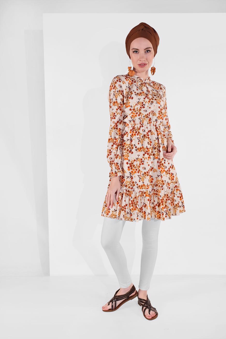 Hijab clothing ECRU FLORAL PATTERNED TUNIC 4091-1 