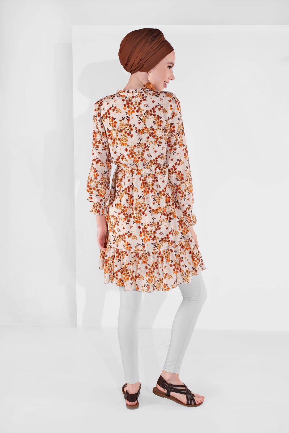 Hijab clothing ECRU FLORAL PATTERNED TUNIC 4091-1 