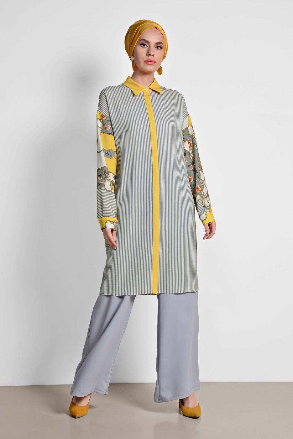 Tesettür giyim GRİ ALVİNA ÇİZGİLİ DESENLİ TUNİK 4113