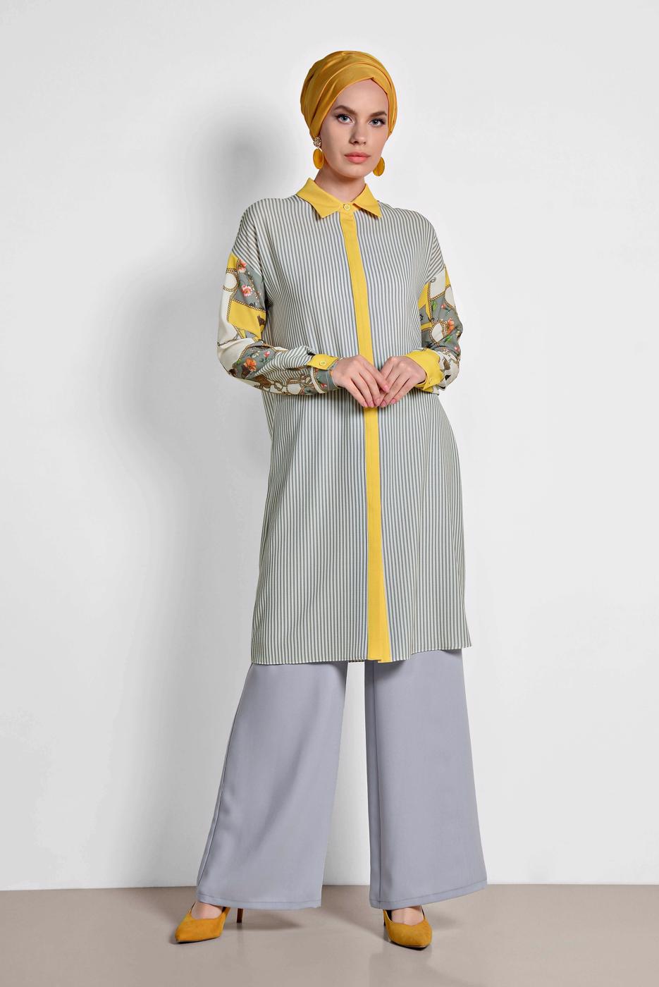 Tesettür giyim GRİ ALVİNA ÇİZGİLİ DESENLİ TUNİK 4113