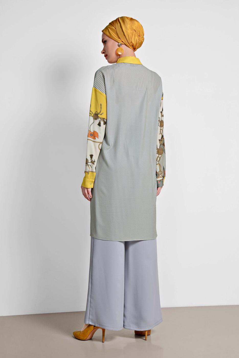 Tesettür giyim GRİ ALVİNA ÇİZGİLİ DESENLİ TUNİK 4113