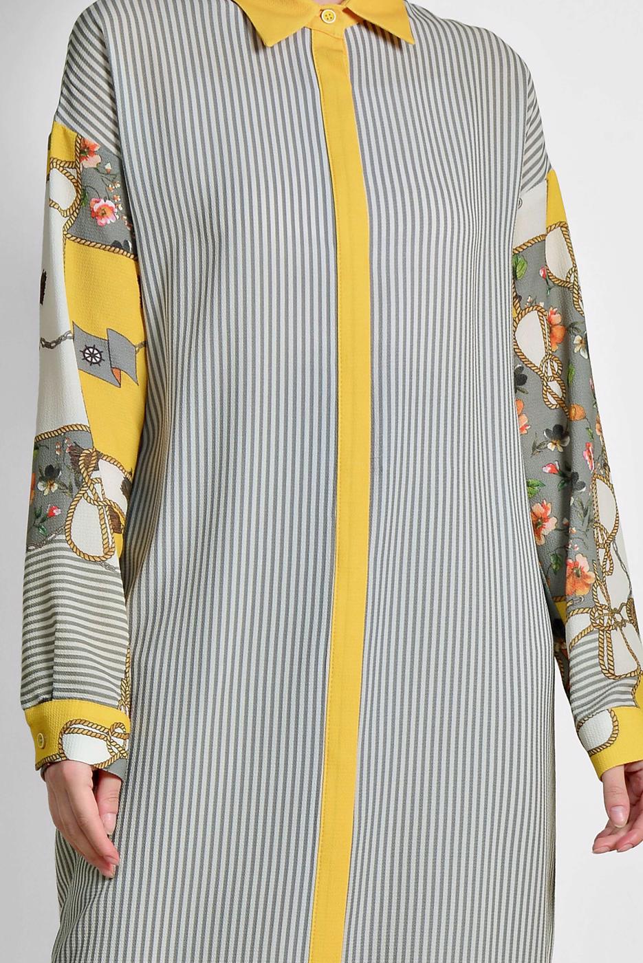 Tesettür giyim GRİ ALVİNA ÇİZGİLİ DESENLİ TUNİK 4113