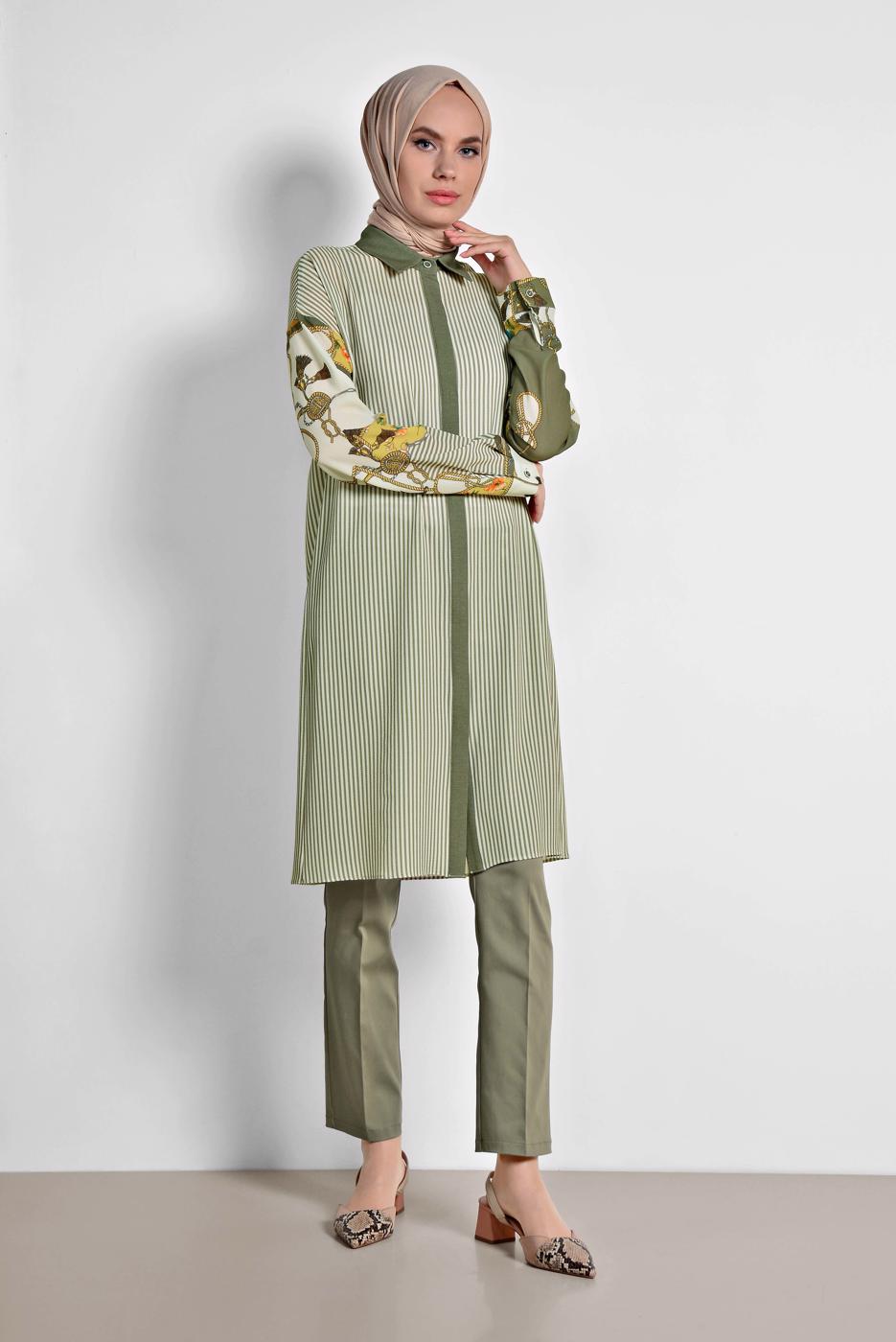 Tesettür giyim HAKİ ALVİNA ÇİZGİLİ DESENLİ TUNİK 4113