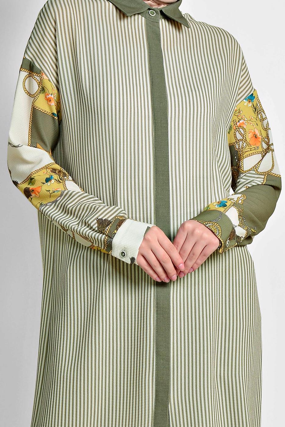 Tesettür giyim HAKİ ALVİNA ÇİZGİLİ DESENLİ TUNİK 4113