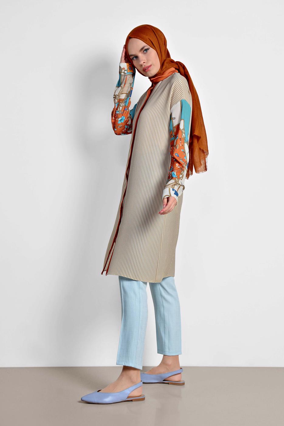 Tesettür giyim TABA ALVİNA ÇİZGİLİ DESENLİ TUNİK 4113